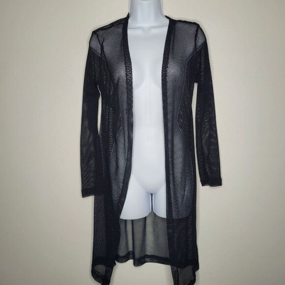 NYC black open knit mesh long open front grunge punk club kid cardigan medium - Picture 1 of 7